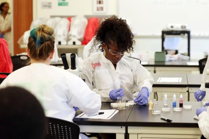 Students in forensic lab testing samples